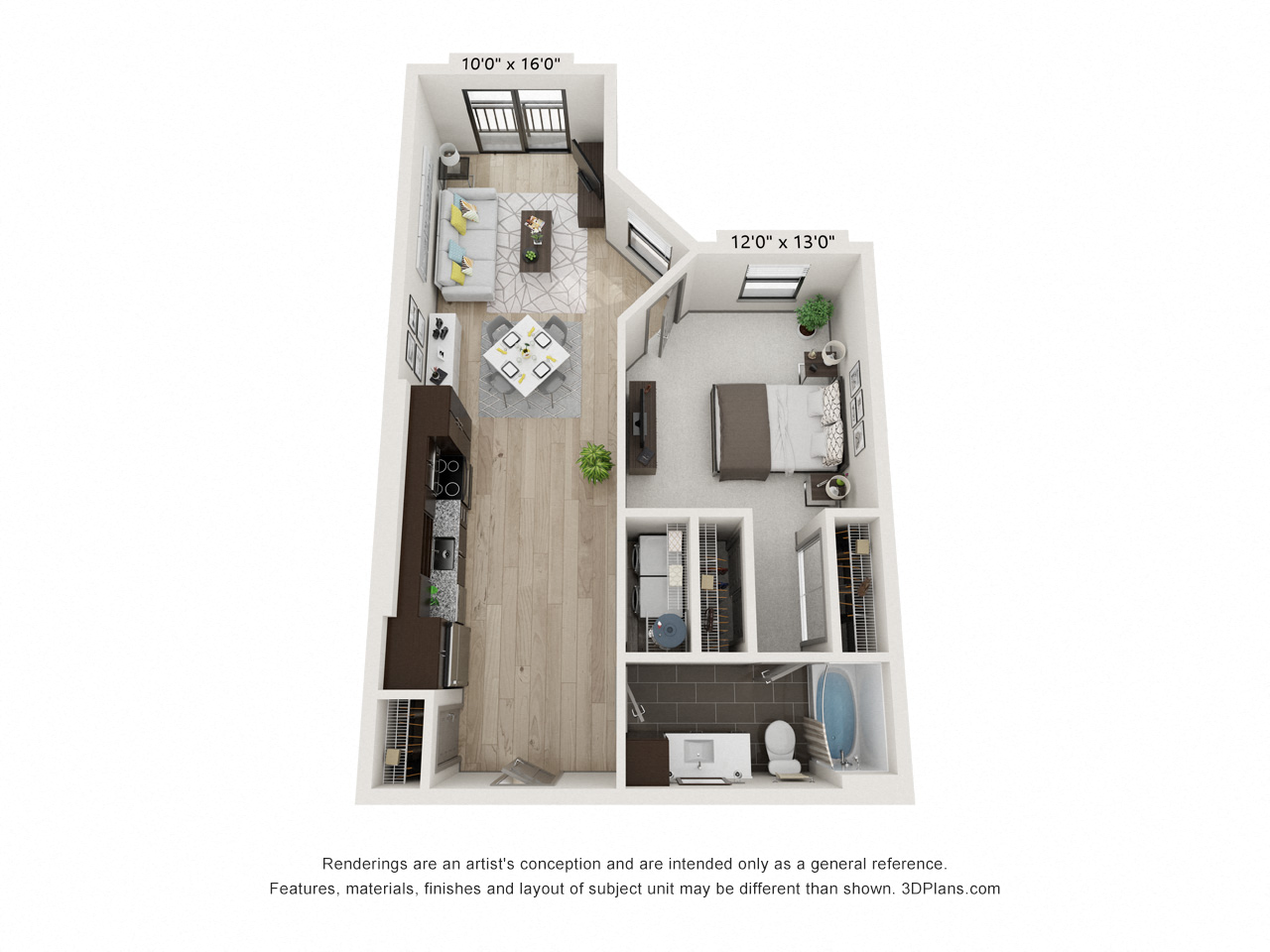 Floor plan for 1 bed, 1 bath, 730 sqft